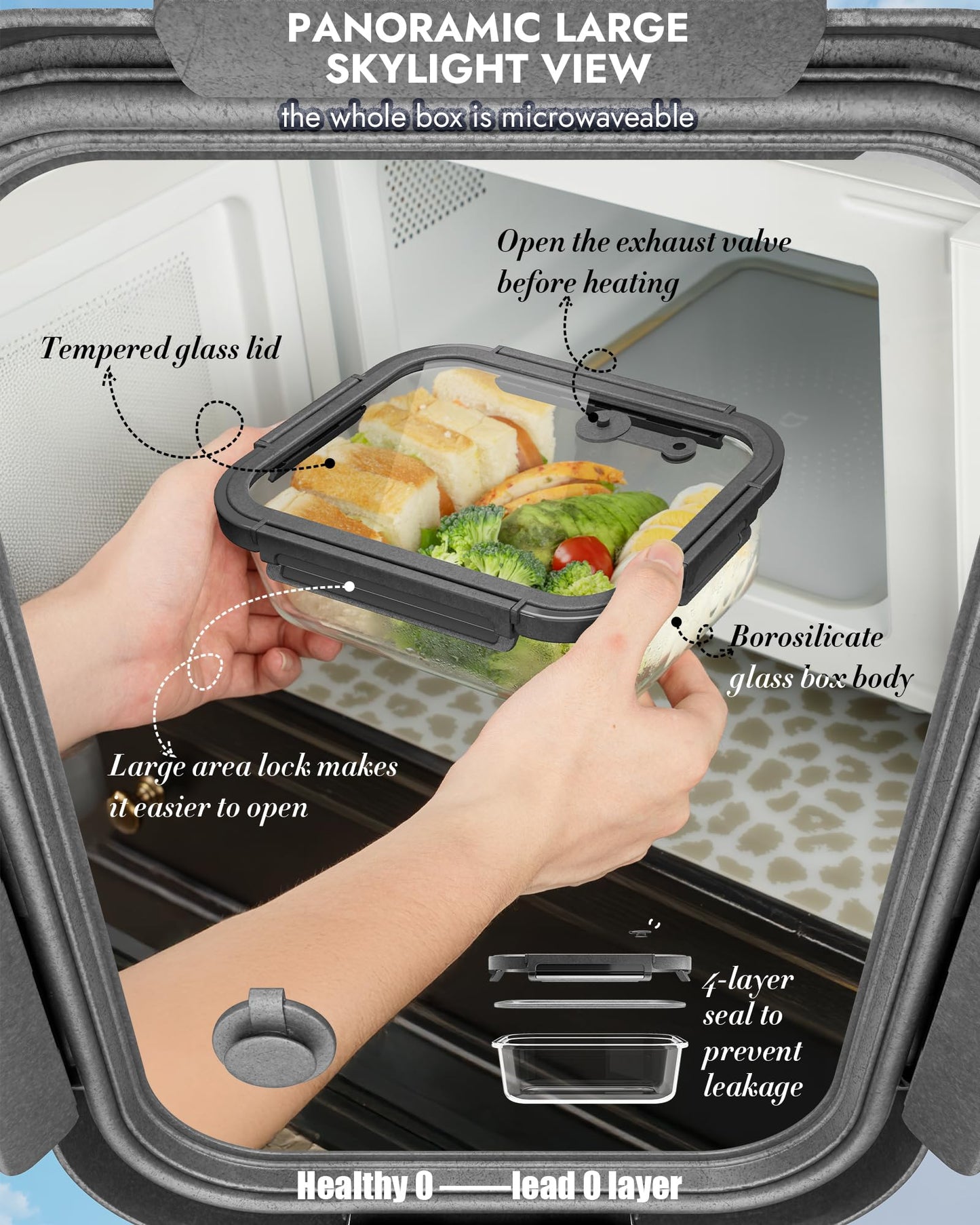 BOROHOUSE 12-Pack Glass Containers with Tempered Lids – Borosilicate, Oven-Safe(-4°F~950°F), Airtight, BPA-Free, Multi-Size for Meal Prep, Dishwasher Safe (Gray)