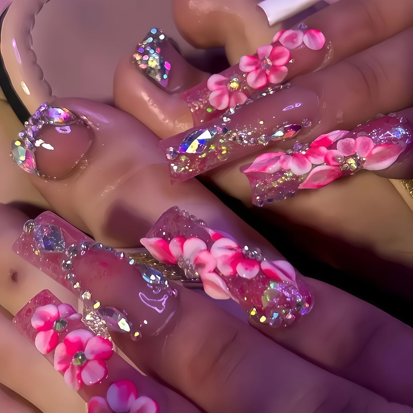 Long Press on Nails Square Fake Nails Pink Acrylic Nail Press Ons Seeneey 3D Flowers and Rhinestones Designs Stick on Nail for Women 24pcs