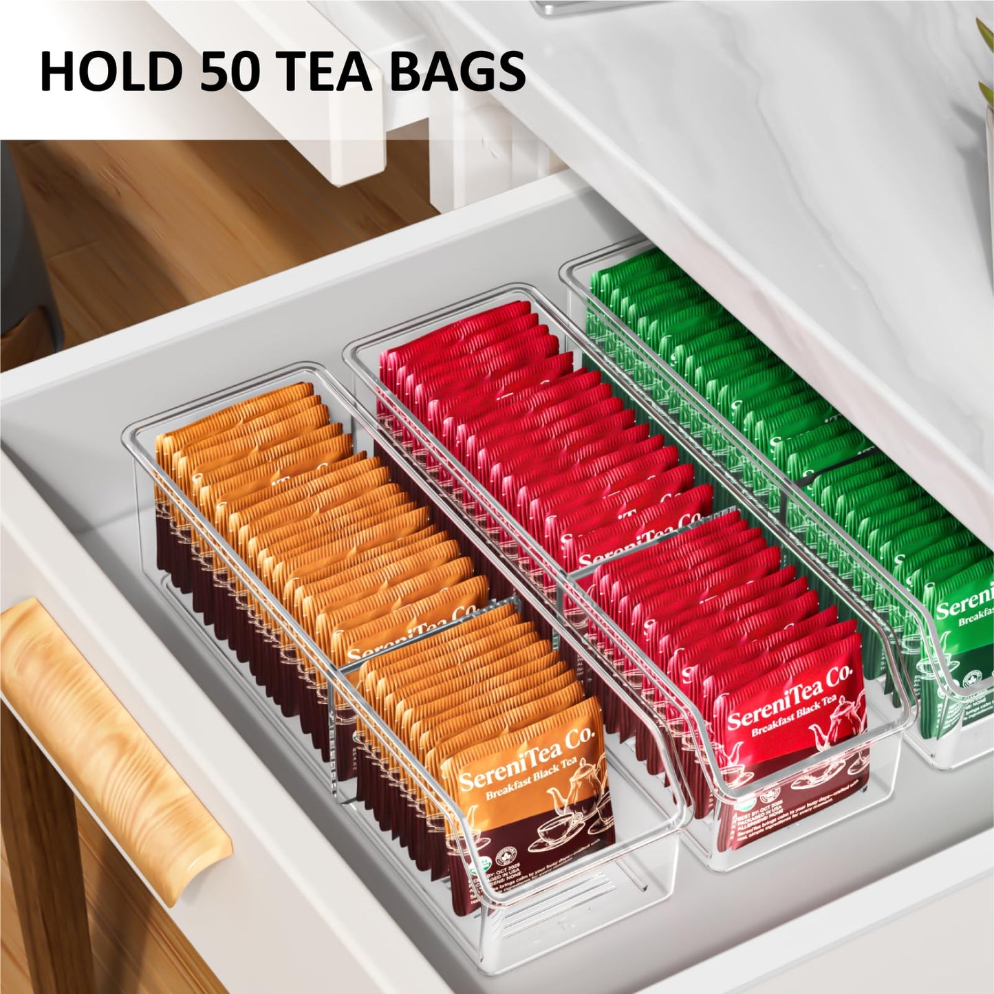 FUCDTEFC Tea Bag Organizer, Holder Box Storage Bin, Clear Tea Packet Plastic Drawer, Sugar Packet, Coffee, Condiment, Spice Bag Holder for Kitchen Cabinet, Countertop, Fridge - 2Pack