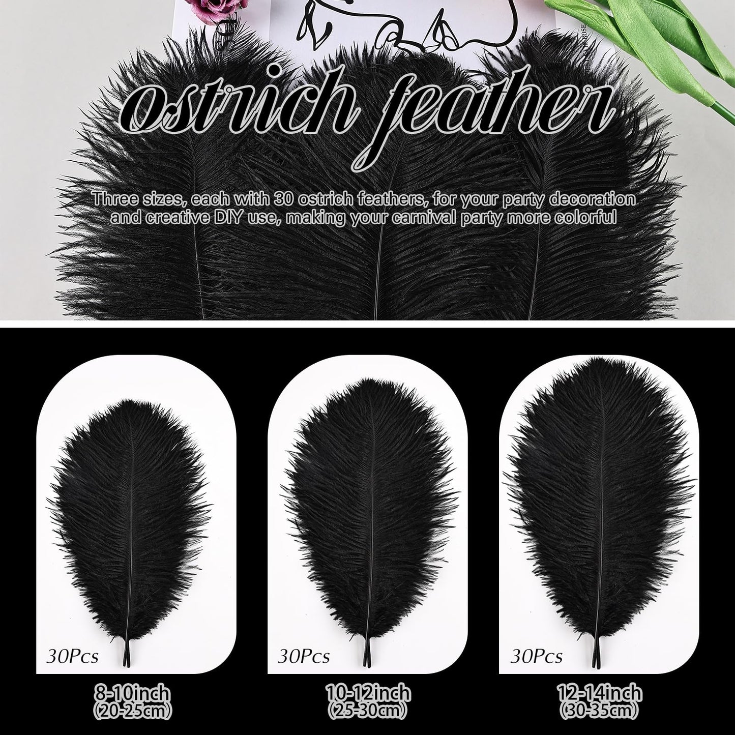 THARAHT Ostrich Feathers 90pcs Large Natural Bulk for Vase Crafts Wedding Party Centerpieces Christmas Tree Decoration Feathers,Black