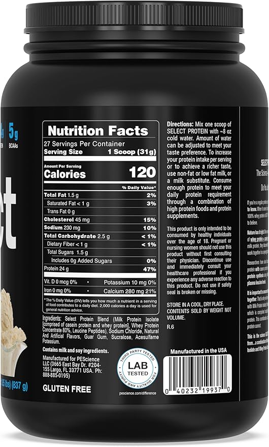 PEScience Select Low Carb Protein Powder, Gourmet Vanilla, 27 Serving, Whey and Casein Blend, Keto Friendly, Gluten Free, Best Tasting, Clean Isolate for Women and Men