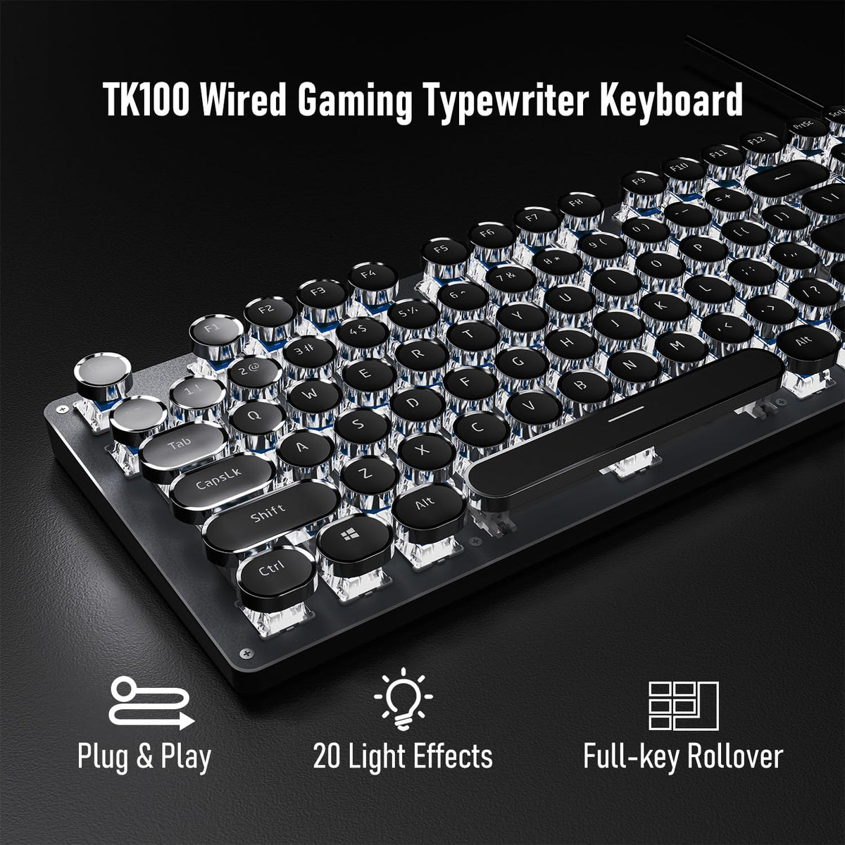 EWEADN TK100 Typewriter Keyboard Wired Mechanical Keyboard, 104 Keys Aesthetic Typewriter Keyboards with White Backlit, Anti-Ghosting, Blue Switch Wired Cute Keyboards-Black