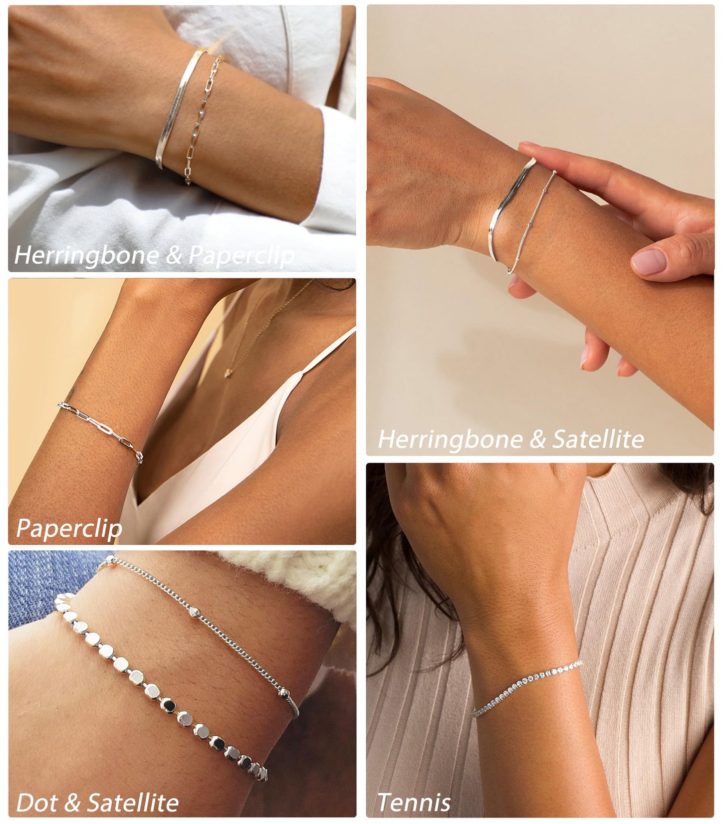 DEARMAY Silver Plated Bracelets for Women Trendy, Dainty Silver Plated Jewelry Set Waterproof Fashion Stackable Tennis Figaro Herringbone Paperclip Chain Bracelet Pack Stack Gifts for Womens