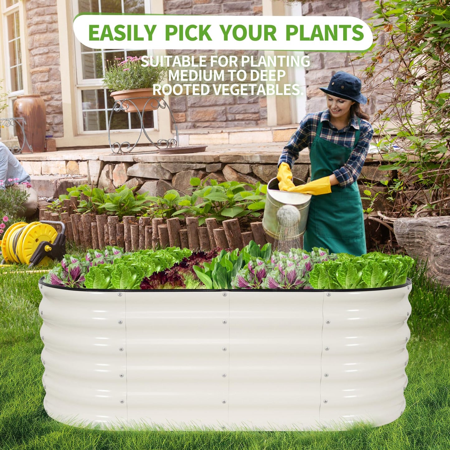 Permade Galvanized Raised Garden Bed - 4x2x1.4FT Metal Planter Boxes Outdoor | Oval Steel Raised Bed Kit for Gardening with Protective Tape, Gloves for Vegetables, Flower, Herb (White)