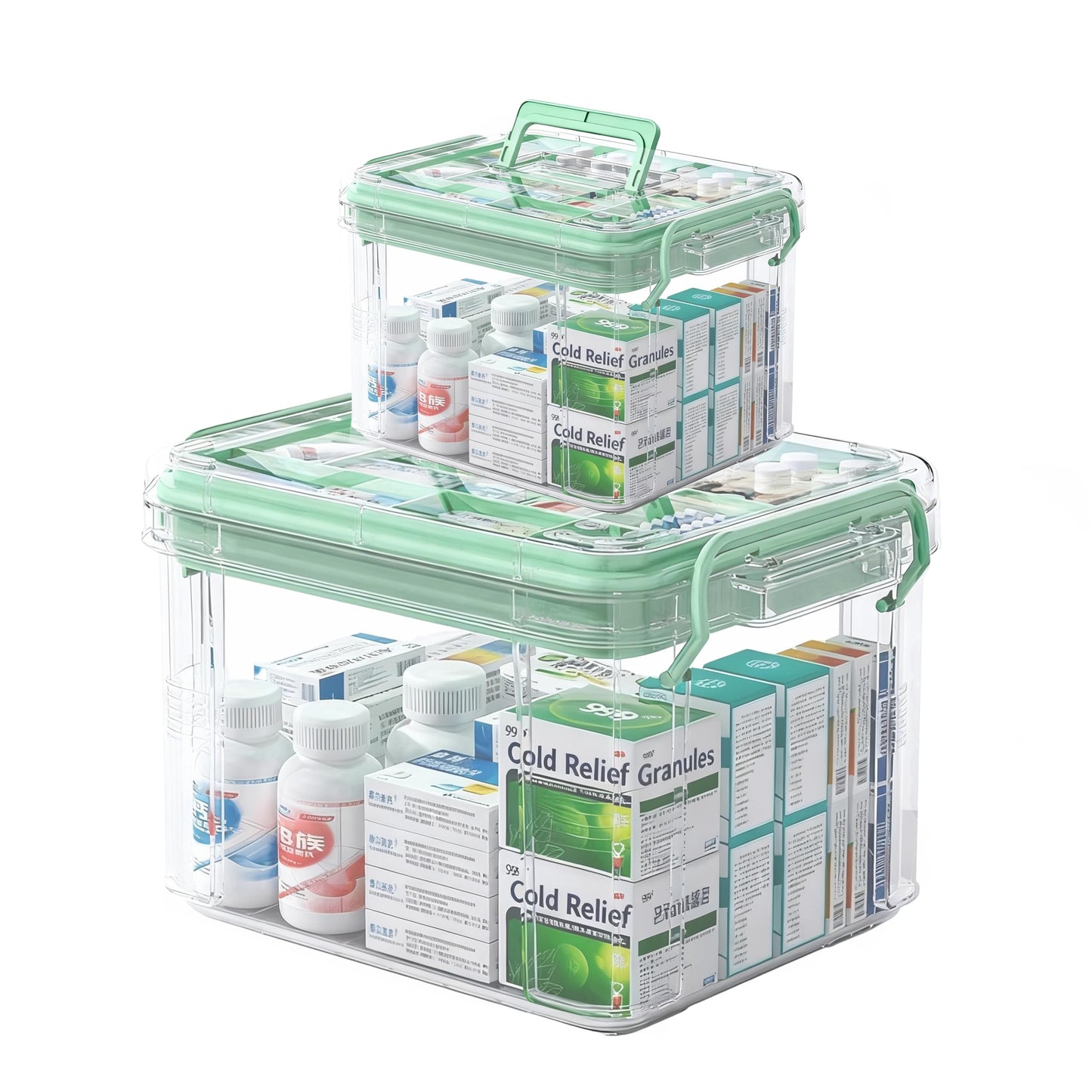 UFI Clear Medicine Storage Box with Lids, 2 Pack Portable First Aid Organizer with Handle, Stackable Storage Containers for Family Medical Supplies, Bathroom, Bedroom, Office(GREEN)