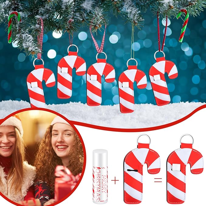 36 Pcs Christmas Lip Balm Lipstick Holder Keychain Bulk Candy Cane Merry Christmas Party Gifts Stocking Stuffers Peppermint Flavor Lip Care Moisturizing for Xmas Coworker Employee Family Gifts