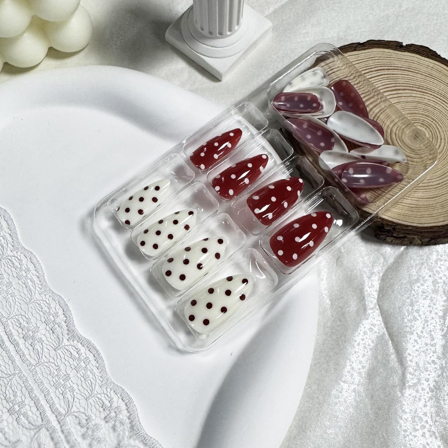 IMSOHOT Press on Nails Medium Almond Fake Nails Red White Polka Dot False Nails Glossy Artificial Handmade Acrylic Glue on Nails for Women Girls Manicure 24Pcs