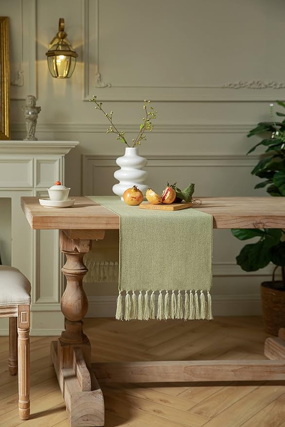 ZeeMart Sage Green Table Runners 90 Inches Long, Burlap Linen Style Rustic Farmhouse Table Runner, Long Boho Dining Table Runner, 13x90 Inches, Light Sage Green