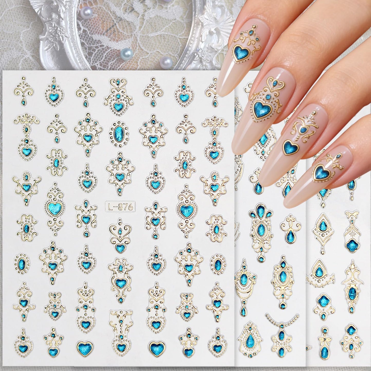 Gem Pattern Nail Art Stickers, 3D Embossed Retro Nail Decals, Self Adhesive Baroque Nails Decoration Supplies for Women Nails Design(Blue Gem-6 Sheets)