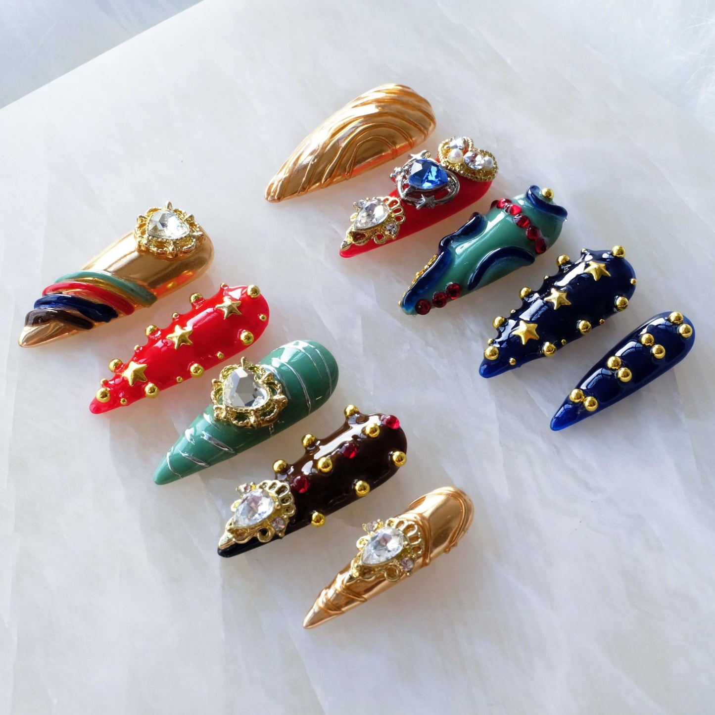 GLORS Luxury Handmade Press On Nails, Vintage Bohemian Style, Long Stiletto Shape, Crystal Heart Gems, Gold Stars Design, 10 Pieces (Small, LS)