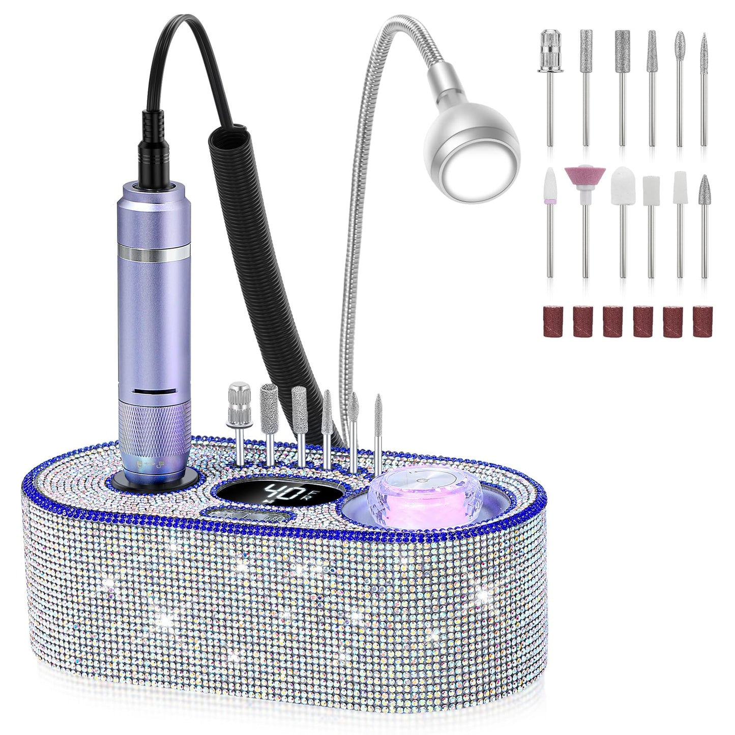 Nail Drill Electric File: DEDNMSCA Sparkly Professional Nail Drill Kit, 40000RPM E-File Machine with 12 Drill Bits for Acrylic Nails Remove Nail Gel Polish Manicure for Salon Home, Diamond Lamp