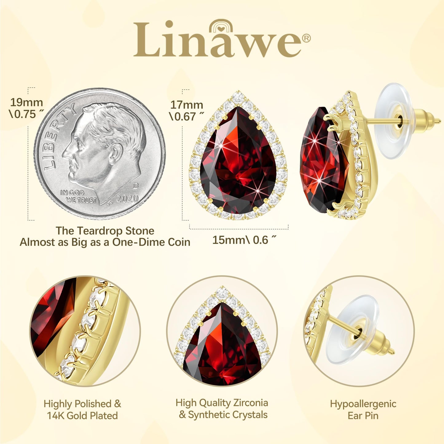 Linawe Red Imitation Diamond Stud Earrings for Women, Gold Cubic Zirconia Earrings Studs, Iridescent Teardrop Statement Rhinestone Garnet Crystal Earrings Set, Costume Wedding Jewelry