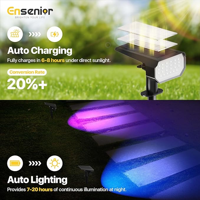 Ensenior Solar Spotlights Outdoor RGB, 7+1 Color Changing Mode Outdoor Landscape Lighting, IP65 Waterproof, Automatic ON/Off Solar Powered Spotlight, Halloween Christmas Decorations (6-Pack)