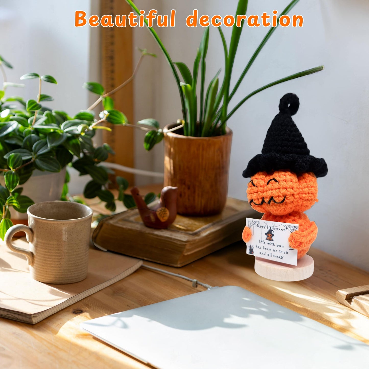 Emotional Support Crochet Halloween Ghost Pumpkin, Positive Crochet, Handmade Pumpkin Ghost Plush with Inspirational Message Card, Cute Motivational Ornament, Funny Decor (Pumpkin)