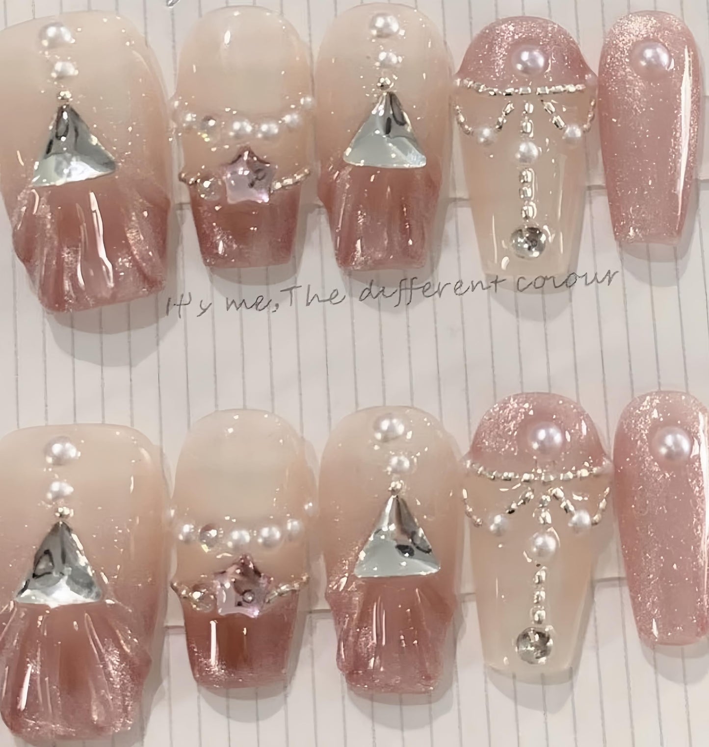 NLSJMP, 10Pcs,Size M, Handmade Long Press on Nails Ombre Balerina Acrylic Fake Nails Kit,3D Glitter Pearl Design Nail Art Kit,Reusable False nails,Include Toolkit,Elegent