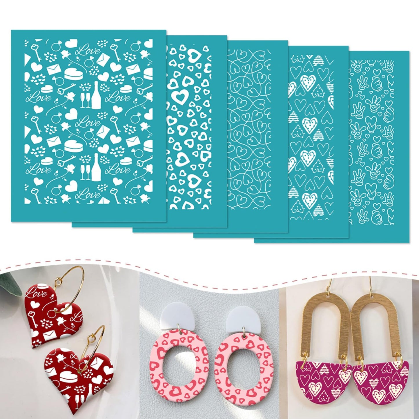 Briartw 5 Pattern Clay Silk Screen Stencil Set for Polymer Clay – Valentine's Day Earring Stencil Set - DIY Craft Templates – for Polymer Jewelry,Earrings,Sculpting & Decorative Art - 4.13x3.35 Inch