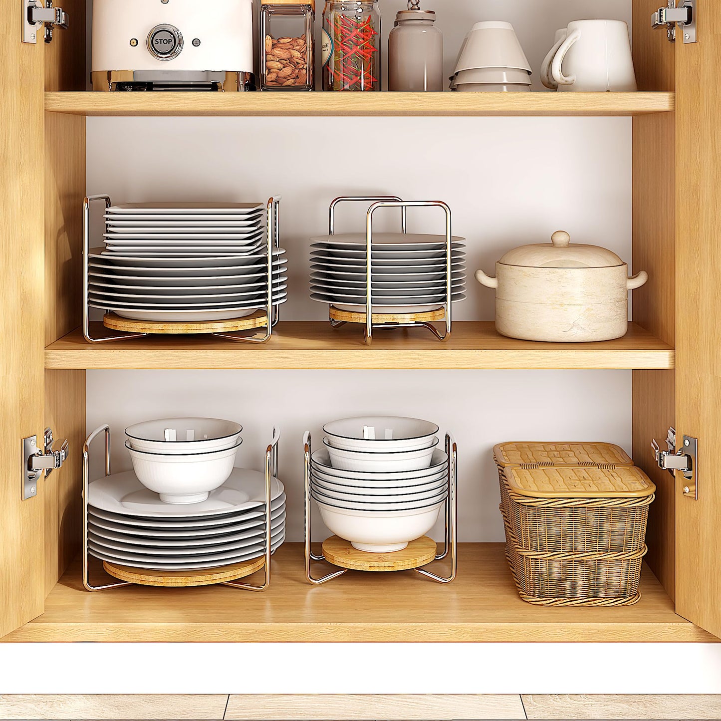 Dish Rack for Kitchen Countertop Organizer - Bamboo Plate Organizer for Cabinet Space Saver, Adjustable Stainless Steel 304 Plate and Bowl Holder with Portable Handle for Drawer Cupboard Shelf RV