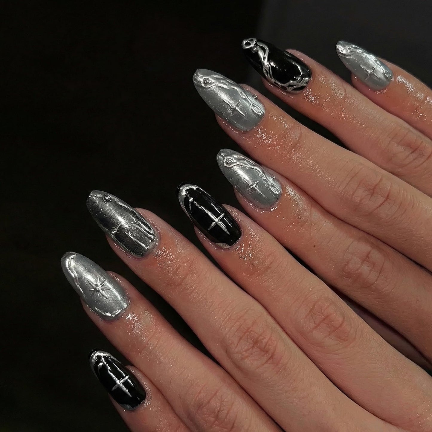 BABALAL Press On Nails Medium Almond, Black Cat Eye Fake Nails, Silver Chrome Gothic, Y2k Star, 24Pcs Acrylic False Nails