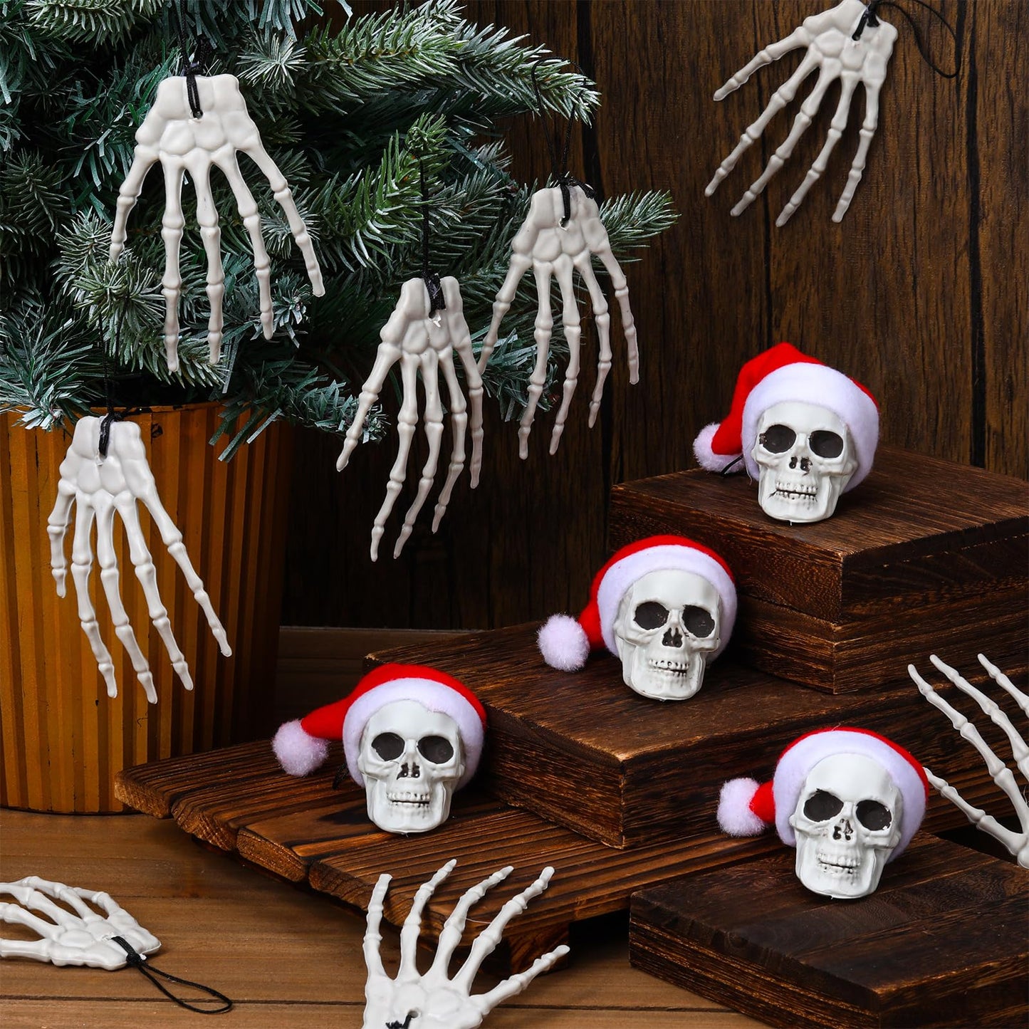 Soulchen 24 Pcs Christmas Gothic Decorations Skull Tree Hanging Ornament with Santa Hat Halloween Skulls Head and Hand Small Skeleton Decoration Spooky Christmas Hanging Ornament for Party Supply