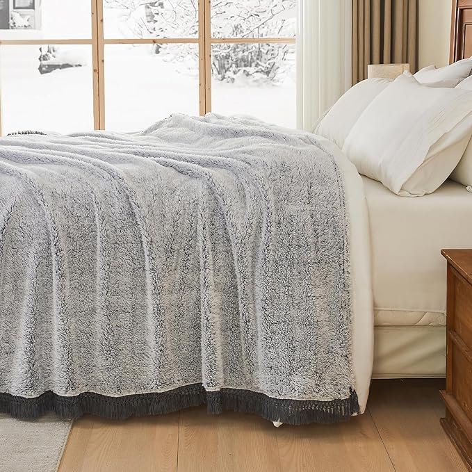 EMME Fuzzy Blanket Soft Fleece Throw Blankets for Women, Fluffy Sherpa Throws(Tassel Grey,50"x60")