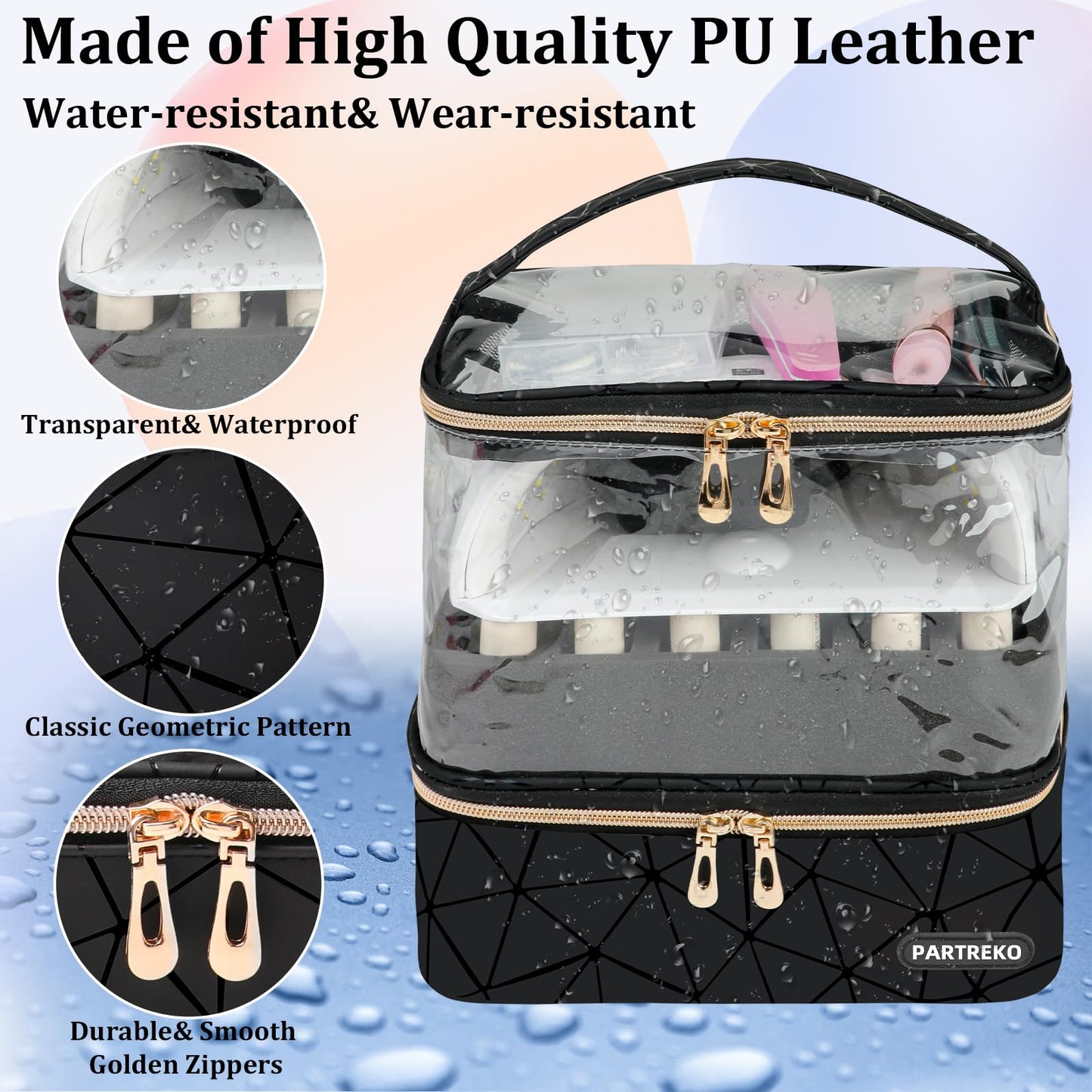 Partreko Clear Nail Polish Organizer Holds 60 Bottles (15ml/0.5fl.oz)& Nail Lamp, Double Layer Nail Supplies Organizer Case Transparent, PU Leather Nail kit Storage Bag for Manicure Tools (Black)