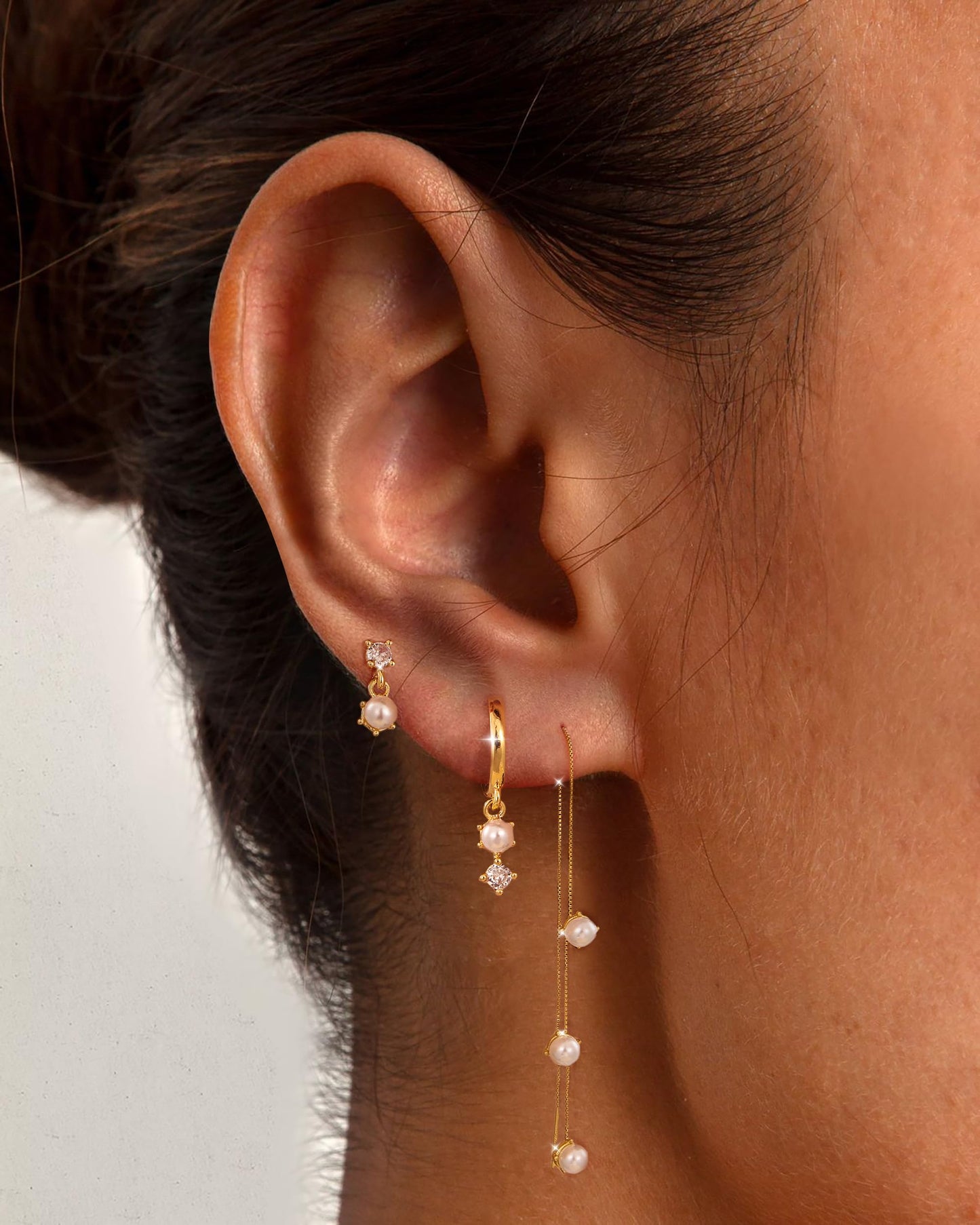 Moodear Dainty Pearl Studs Drop Hoop Earrings for Women - Trendy 14K Gold Plated Dangle Chain Baroque Pearls Hypoallergenic Earring Sets for Multiple Piercing