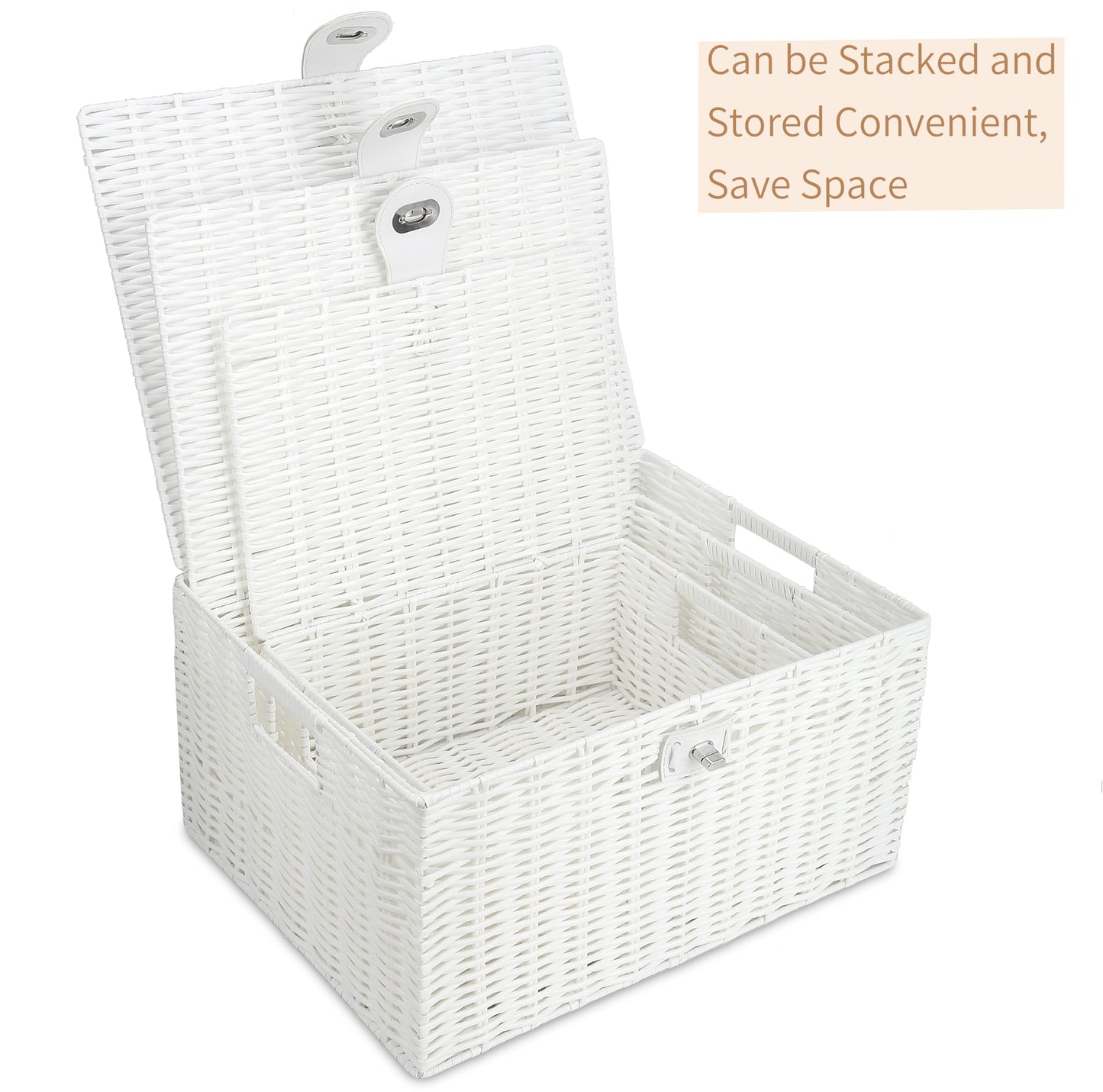 Honygebia White Wicker Storage Baskets - Set of 3 Decorative Nesting Boxes with Lids, Woven Basket with Lock & Handle, Organizer for Beauty Makeup Bathroom Decor