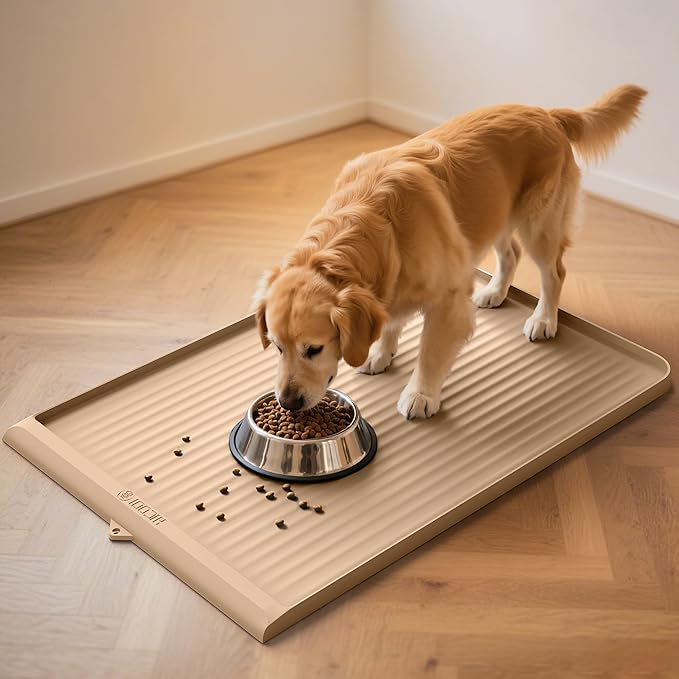 Dog Food Mat 36"x24", Waterproof Dog Bowl Mat, Khaki