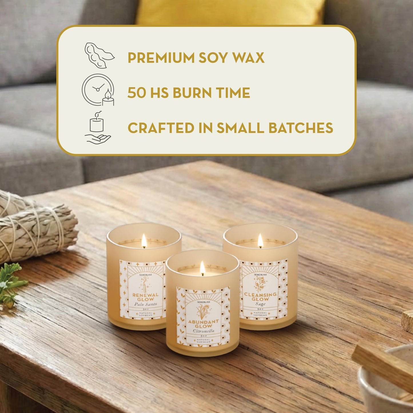 Serebliss Candle Set - 3 Pack Soy Wax Aromatherapy Scented Candles for Energy Cleansing, Manifestation, Palo Santo, Sage, Citronella, Long Lasting, Gift for Women, for her, Smudge Kit