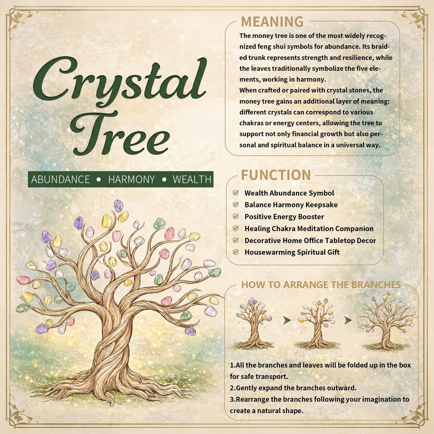 SUNYIK Handmade Crystal Money Tree Set on Amber Calcite Base, Tree of Life Wrapped Tumble Stones Decoration for Home Office, White Jade