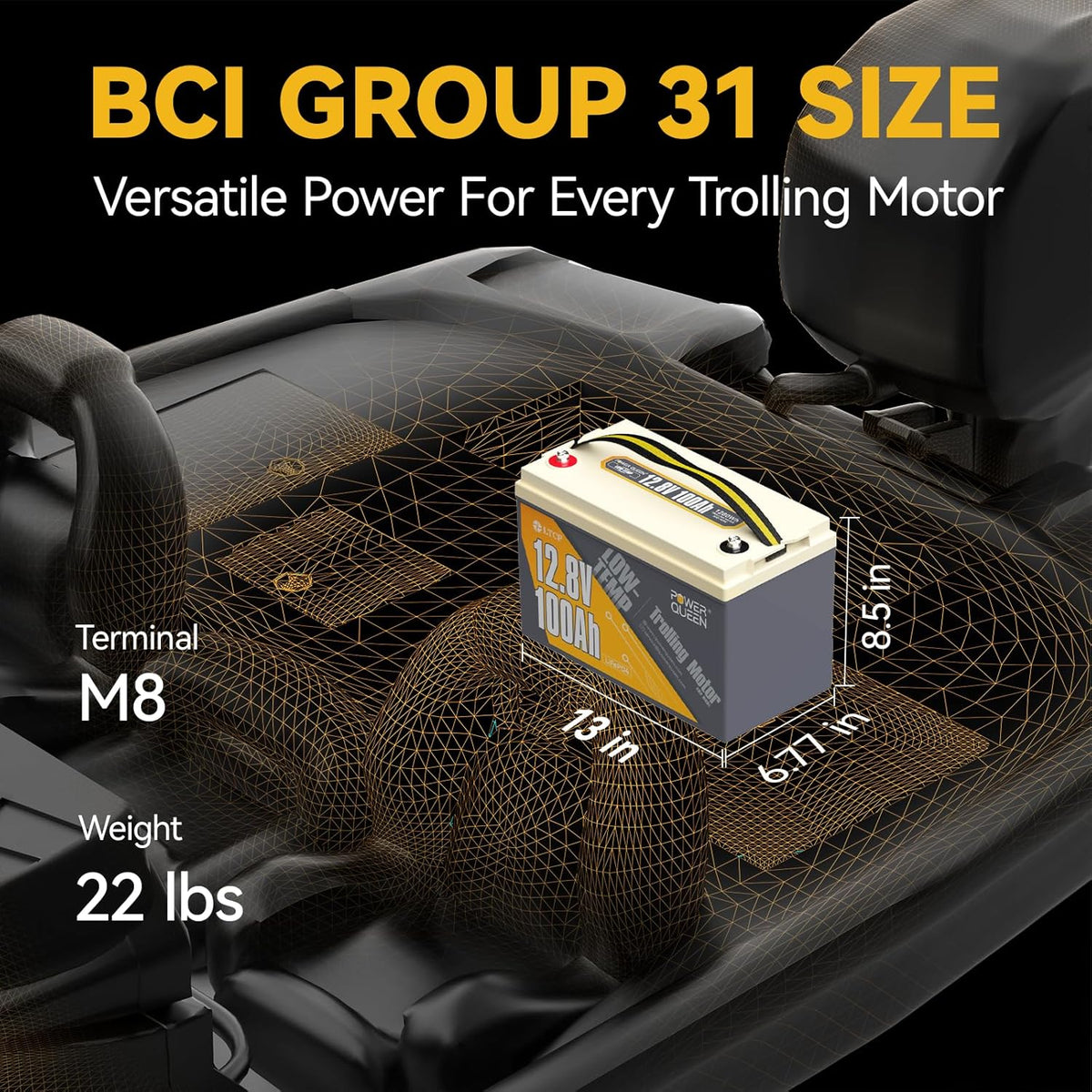 Power Queen 12.8V 100Ah Low-Temp LiFePO4 Battery with 12V20A Charger, Low Temperature Protection, Built-in 100A BMS, Grade A Battery Cell, Up to 15000+ Cycles, Perfect for Trolling Motor, Marine, RV