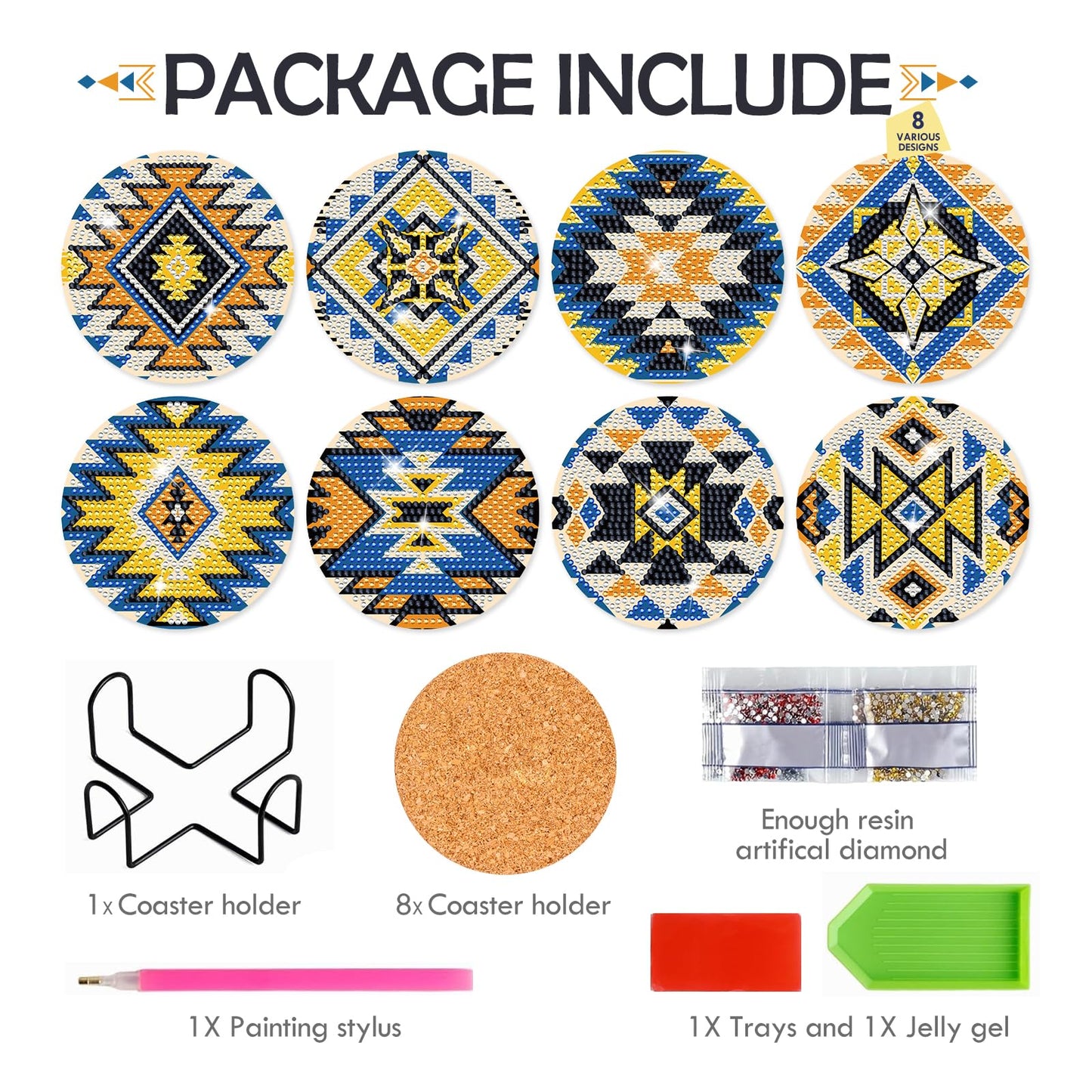 INCOK Aztec Diamond Art Coasters - 8 PCS DIY American Native Diamond Painting Coasters Kits for Drinks Coffee Abstract Boho Indian Art Craft Supplies Gift for Mexican Beginners