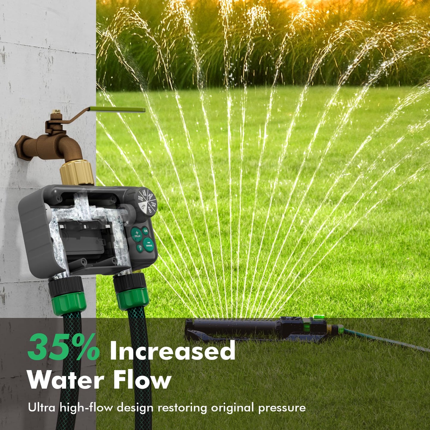 RESTMO Remote Control Brass Sprinkler Timer for Outdoor Hose Faucet 2 Zone, Max 11h59m Water Timer for Long Watering Soaker Hose, Misting with Large Dial, Rain Delay/Manual/Auto for Drip Irrigation