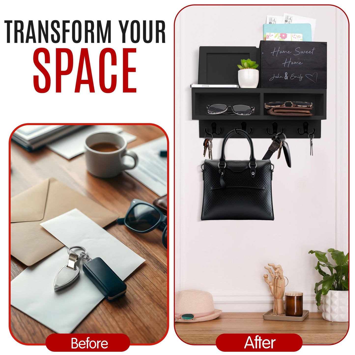 Spacelog Key and Mail Holder for Wall with Chalkboard – Magnetic Photo Frame Key Holder Wall Mount, Black, Dual Storage & Cupboards Mail and Key Organizer for Wall