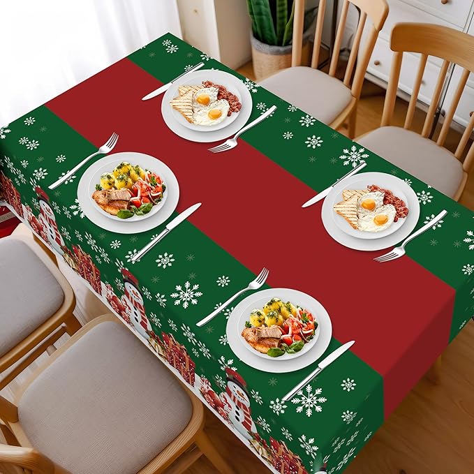 Childom 2 Pack Christmas Tablecloth,Disposable Plastic Tablecloth 54" x 108" Christmas Decorations Xmas Party Supply,Snowman Green Table Cloth,Plastic Table Cover for Indoor,Outside,Home,Dinner,Party