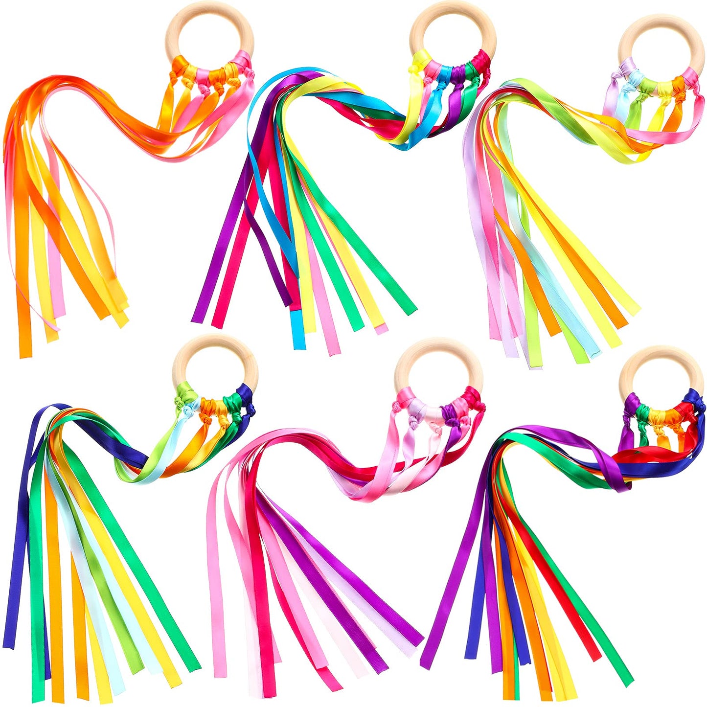 Sumind 6 Pcs Rainbow Ribbon Hand Kites Wands for Kids Dancer Streamer String Toy Thrown Waldorf Wand with Wooden Ring Wand Learning Educational(Bright Colors)