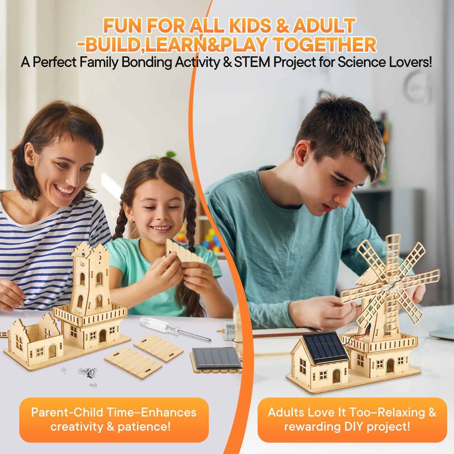 STEM Solar-Powered 3D Wooden Puzzle Kit - DIY Dutch Windmill House Building Toy | Educational Science Craft for Kids 8-15 & Adults | Hands-On Creative Model Project | Adopt Basswood-Safe&Sturdy