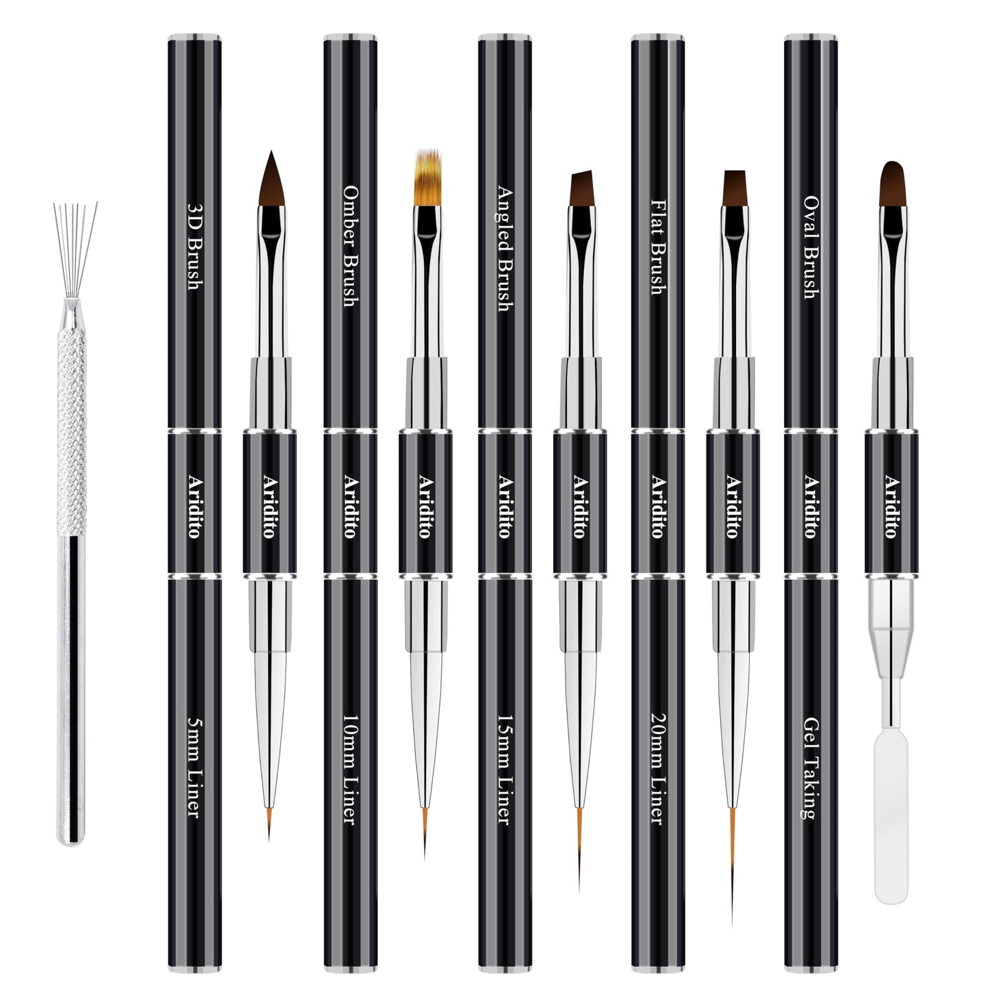 Aridito One 7-Pin Stainless Steel Nail Tool And 5pcs Double-Ended Nail Art Brushes Set With 5/10/15/20mm Liner Brushes, Gel Taking, Ombre/Flat/3D/Oval/Angled Brushes For DIY Manicures & Salons