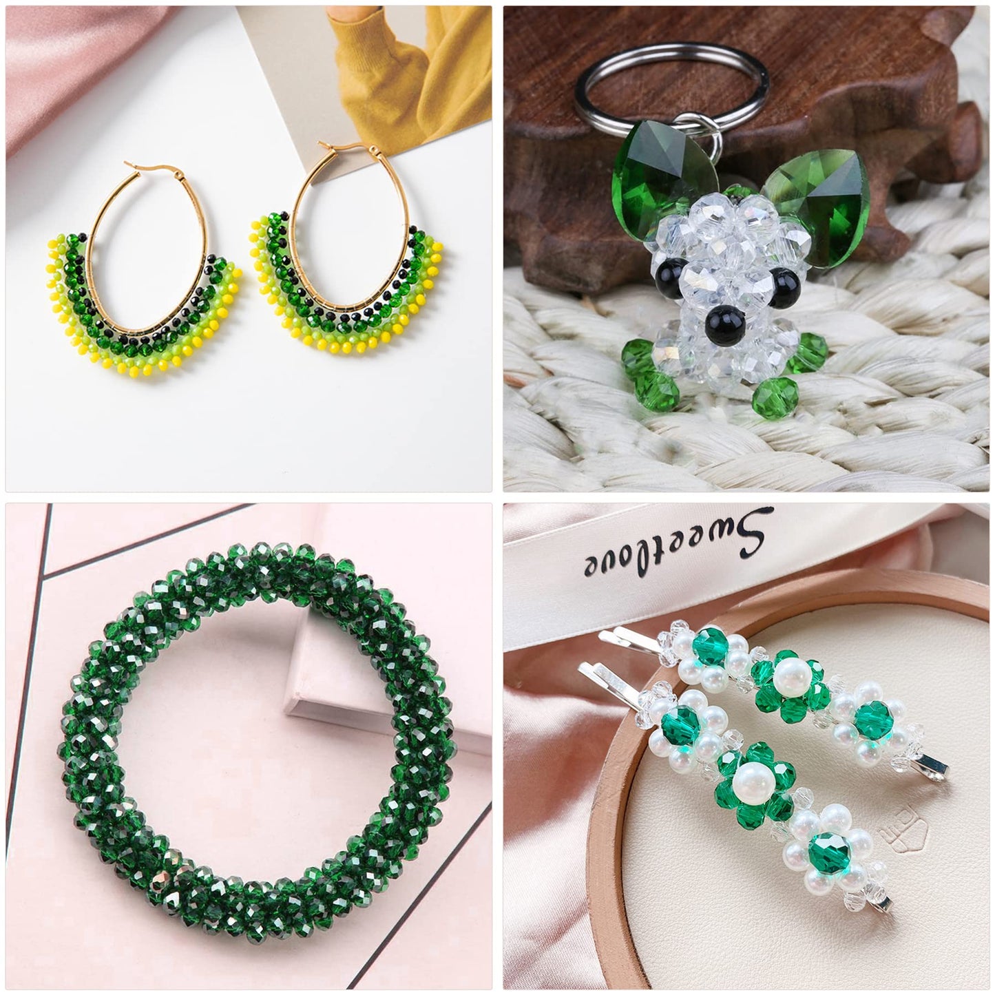 JEBBO 1000pcs Green Rondelle Crystal Glass Beads 2mm 4mm 6mm 8mm 10mm Mixed Sizes, Faceted Briolette Crystal Glass Spacer Beads for Jewelry Making with Container Box