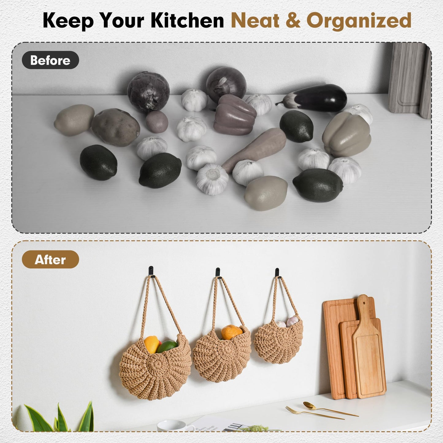 Boho Decor Hanging Wall Baskets for Kitchen, Seashell-Shaped Cotton Fruit Storage for Onion Vegetable Potato, 3 Pack Handwoven Wall Organizer with Hooks, Screws & Nuts