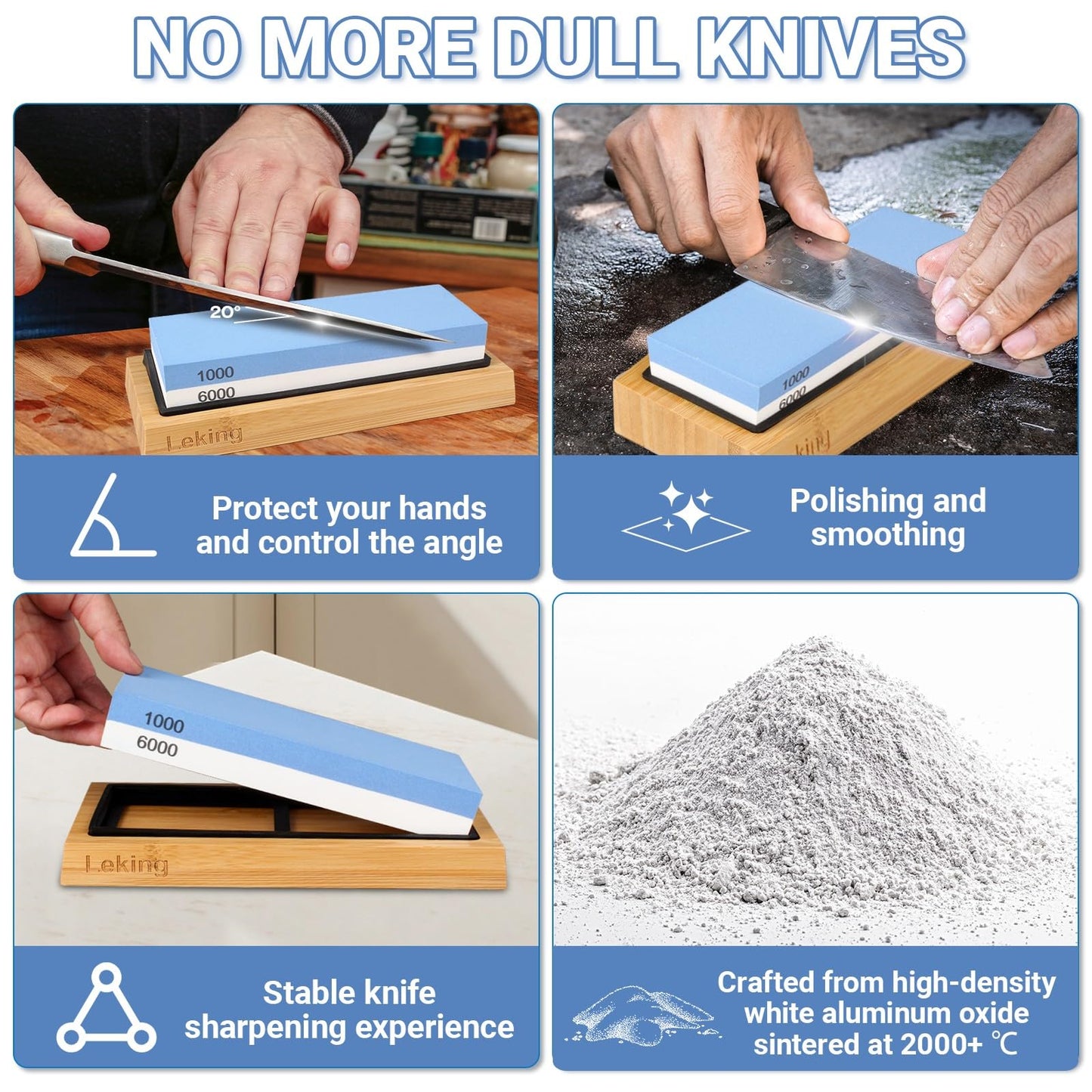 Leking Professional Knife Sharpener & Sharpening Stone Set: 1000/6000 Grit Dual-Sided Whetstone(7"x2.4"x1.2") with Bamboo Base, Non-Slip Silicone Holder, Angle Guide & Leather Strop Kit