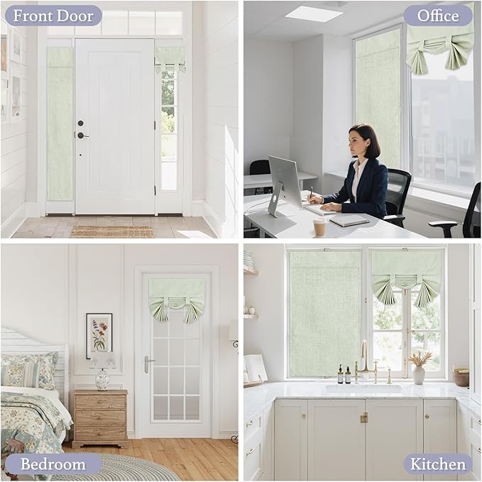 RYB HOME Blackout Door Window Curtains, Effortless Self-Ahensive Blinds Privacy 100% Blackout Linen Textural Front Door Curtains for Glass Window, W26 x L40 inch, Light Sage, 1 Panel