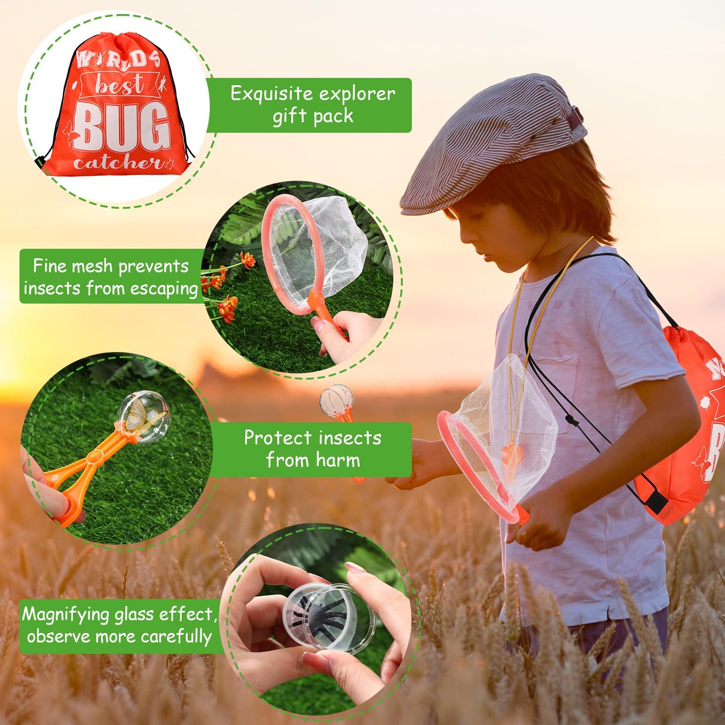 Silipull Bug Catching Kit for Kid Outdoor Explorer Kit Include Catching Scissor Tong Tweezer Clamp Bug Cage Whistle Insect Net Drawstring Bag for Boy Girl Educational Adventure Hunting (Orange,48 Pcs)