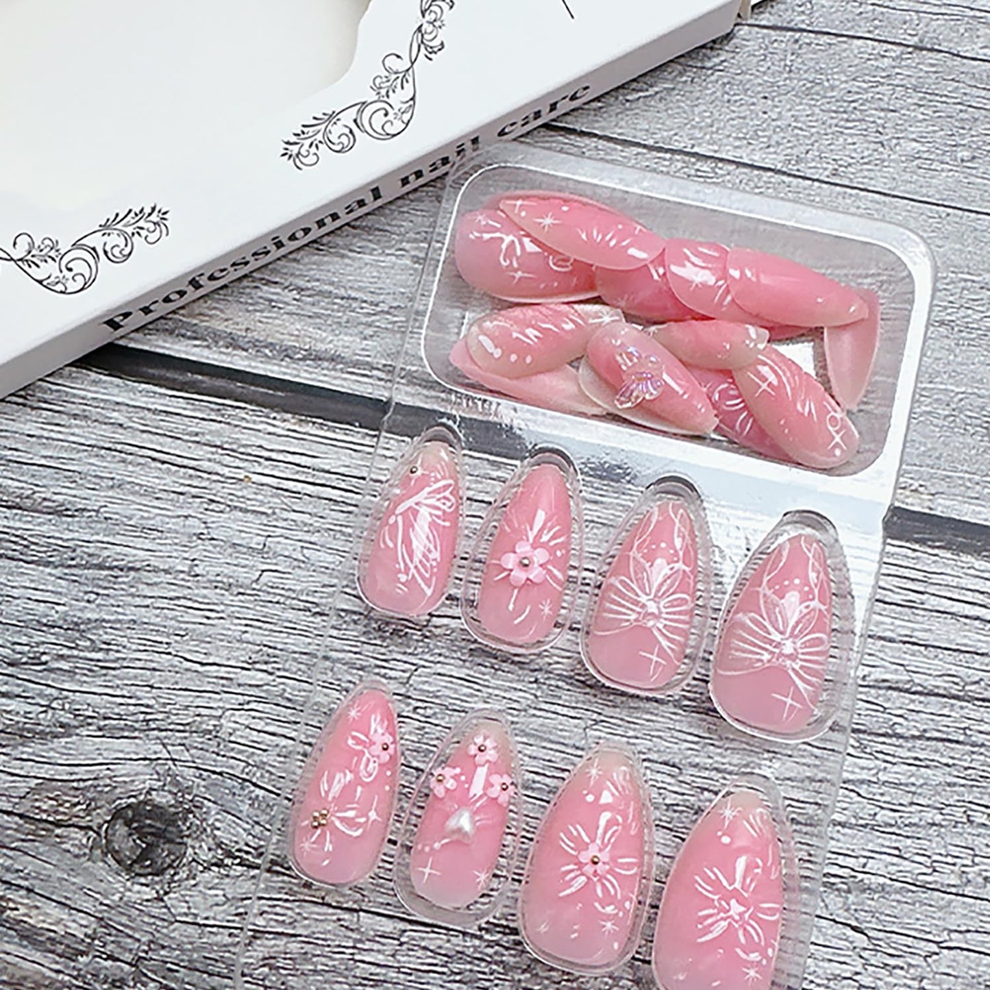 24Pcs Pink Press on Nails Medium Almond Fake Nails with 3D Flower Butterfly Designs Stick on Nails Bow False Nails Spring Summer Floral Acrylic Nails Gold Bead Glue on Nails for Women Nail Supplies