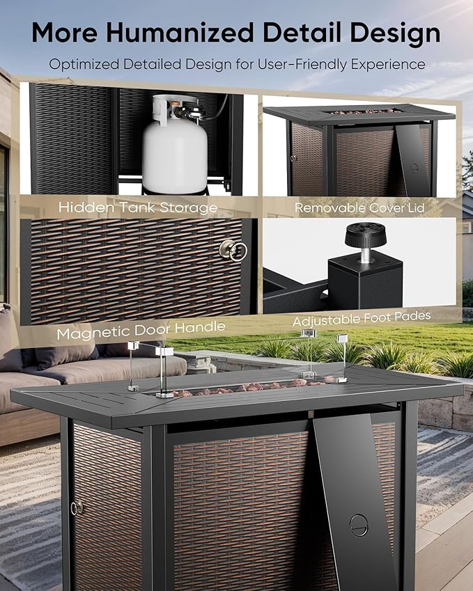 HUMMUH 7-Piece Outdoor Patio Furniture with Fire Pit Set,Wicker Patio Sofa Set Outdoor Rocking Chairs with Ottomans for Backyard,Poolside,Deck