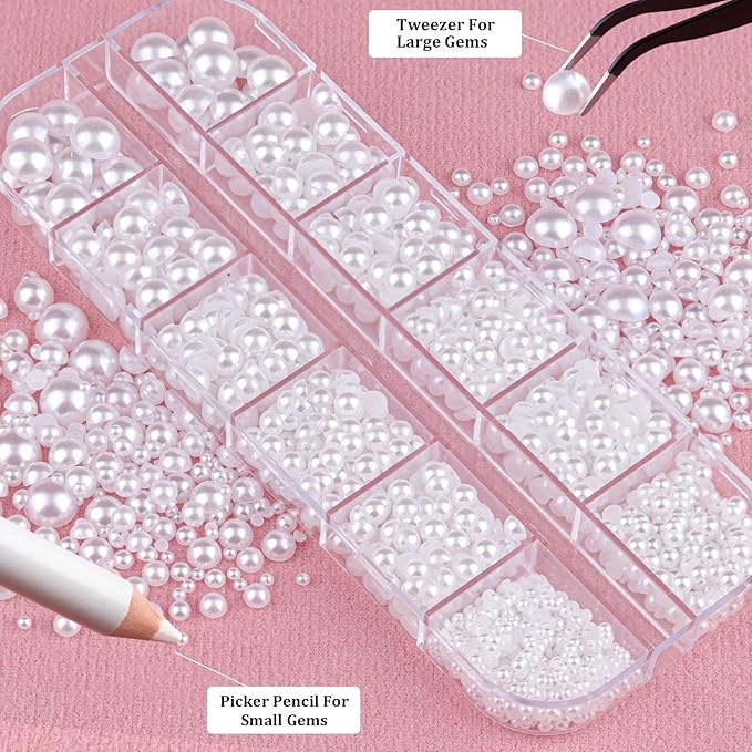 Belleboost Flat Back Pearls Kits 2 Boxes of Flatback White Half Round Pearls with Pickup Pencil and Tweezer for Home DIY and Professional Nail Art, Face Makeup and Craft