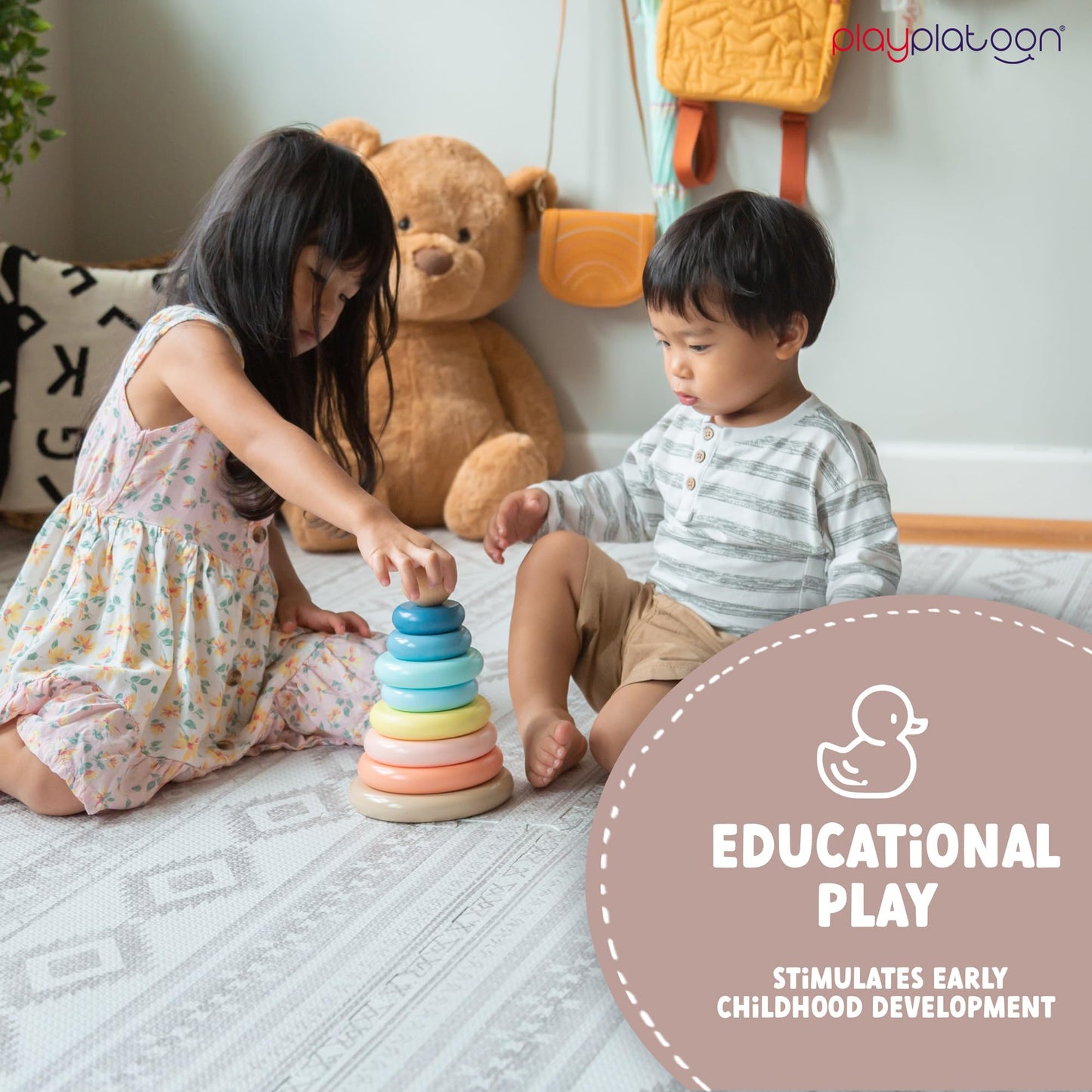 Play Platoon Non-Toxic Kids Play Mats for Floor, Extra-Thick Foam Tiles, Playmat for Toddlers & Childrens Playroom, Wooden Rainbow Stacking Toy Ring Stacker Toy, Educational Interactive Learning Toys