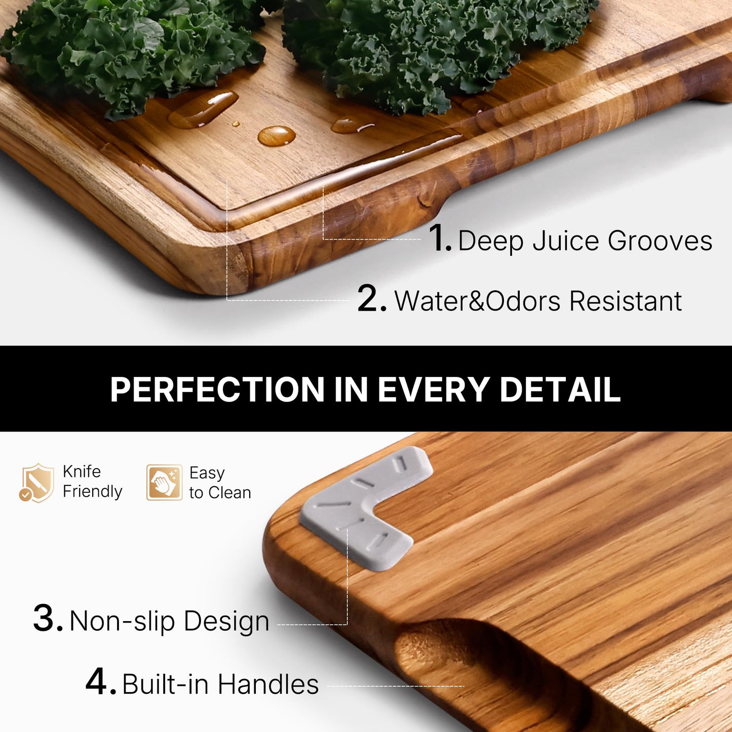 4 Pack Teak Cutting Board Set for Kitchen Heavy Duty Non Toxic Non Slip Solid Thick Wood Haus Chopping Board Extra Large Big Small Meat Best Wooden Charcuterie Board