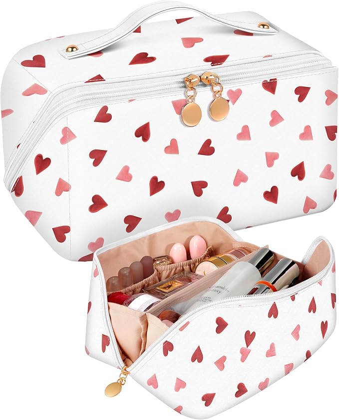 Bistup Makeup Bag Travel Cosmetic Bag Toiletry Make Up Bags Cute Women Large Capacity Big Medium Leather Teen Girls Teenage Kawaii Heart Foldable Expandable Open Flat Zip