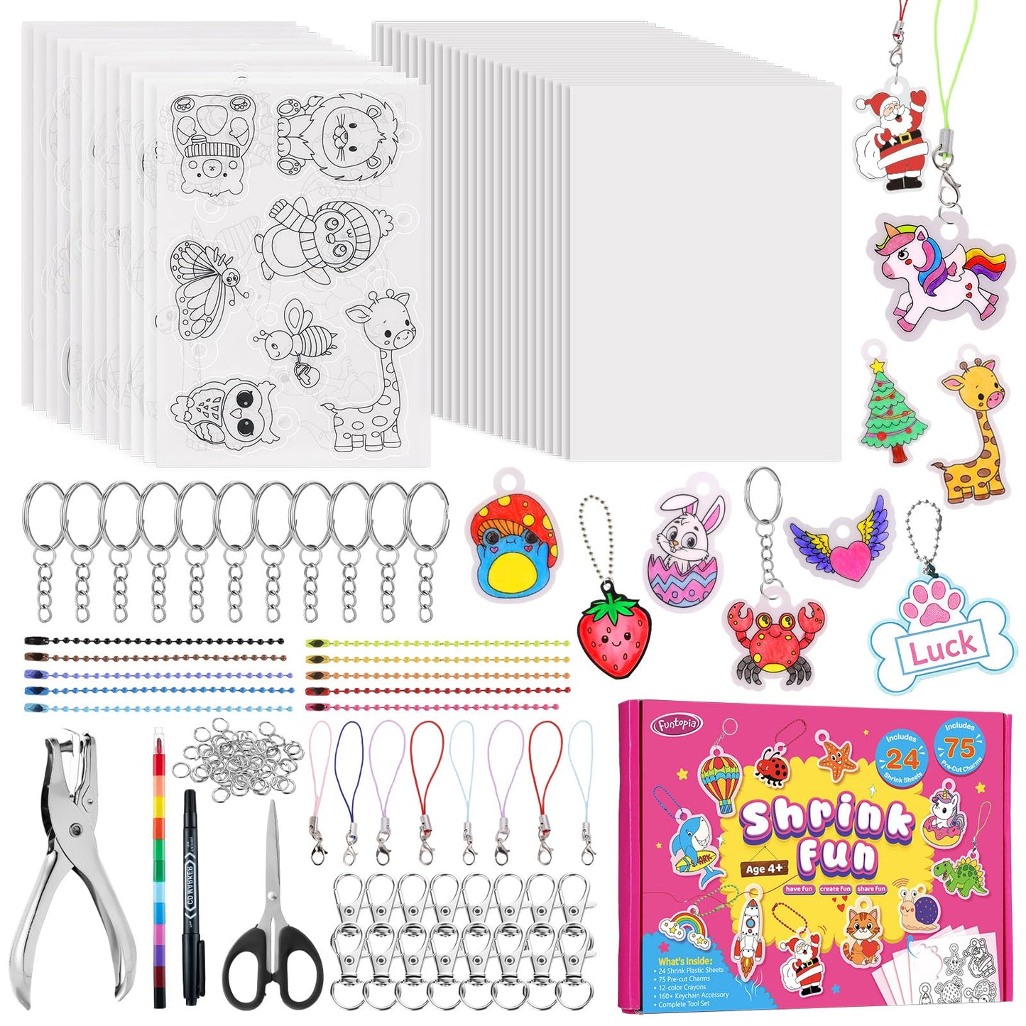 201pcs Shrink Paper Keychain Kit, 24 Blank & 12 Pre-Cut Sheets (75 Patterns) Crafts Kits for Kids Adults, Shrinking Art Activity Set with Hole Punch & Keychain Jewelry Accessories for DIY Crafts
